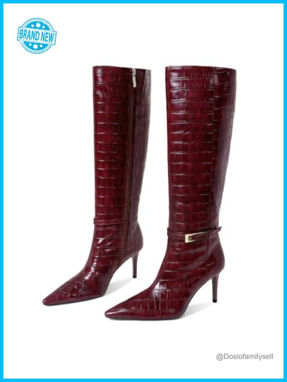 Croc Embossed Knee High Boots Pointed Toe Stiletto Heel Faux Leather
